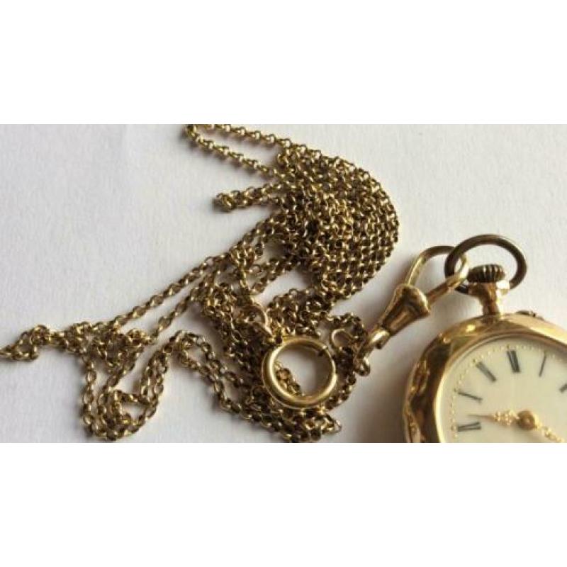 Antiek gouden dames horloge met gouden ketting (10 gr)