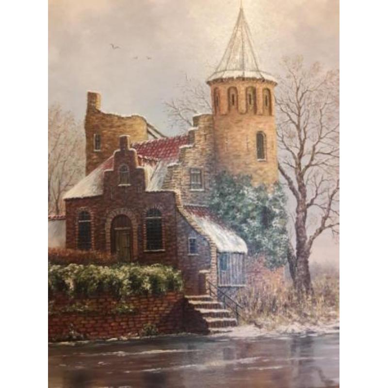 Winterlandschap, kasteel, olieverf schilderij, kwaliteit