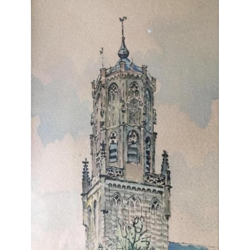 Pentekening aquarel grote kerk Elst Gelderland Hermans