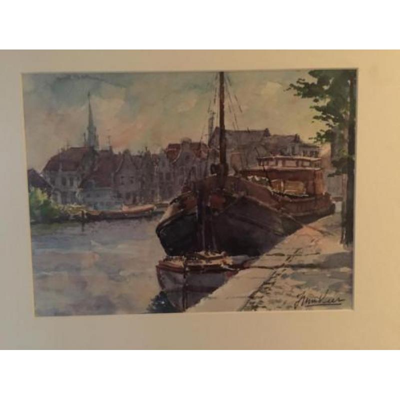 aquarel boot in water Spaarne Haarlem Spaarnekerk J vd Veer